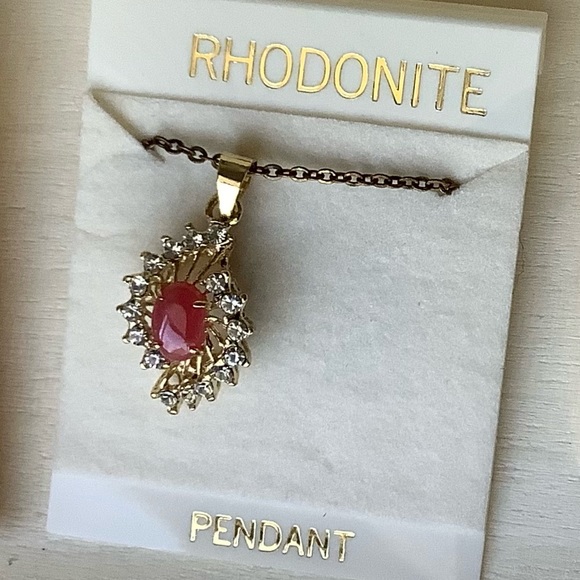 TLC New pink Rhodonite split halo pendant necklace - Picture 2 of 4